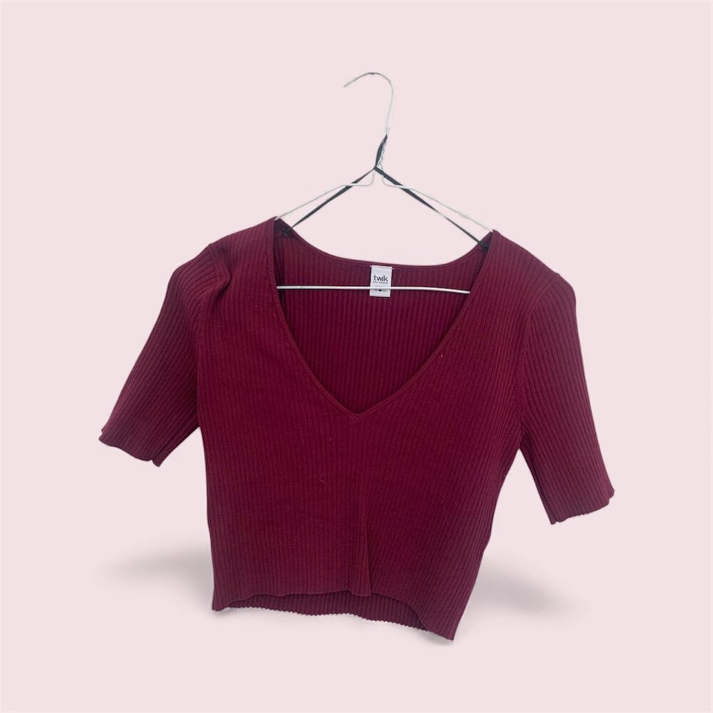twik Wine Ribbed V-Neck Short Sleeve Crop Top